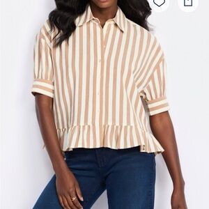 Design History Cream & Tan Striped Peplum Button-Up Shirt